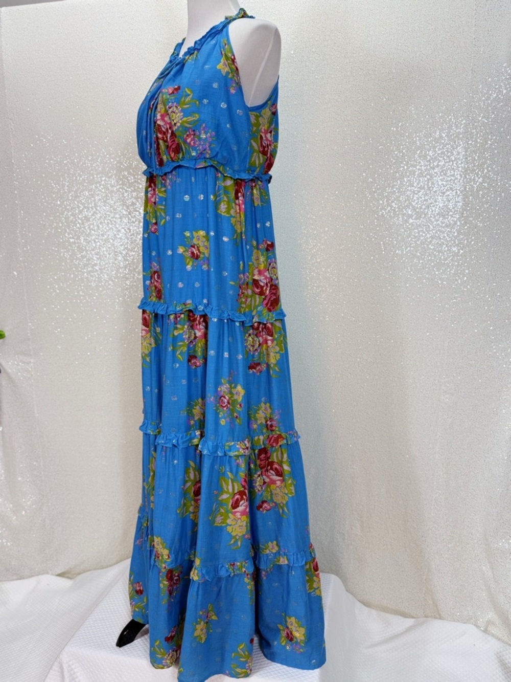 House of Harlow 1960 Blue Floral Maxi Dress Boho Tiered Ruffle Halter Feminine - Picture 9 of 16